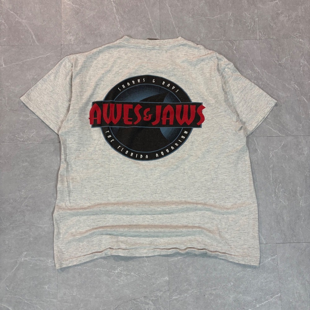 Vintage Oneita Power-T Florida Aquarium Awesome Jaws T-Shirt Mens Large Grey 90s